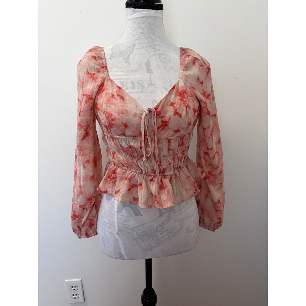 Dizzy Lizzy Peplum Blouse Women Small Cottagecore Watercolor Cloud Print Smocked